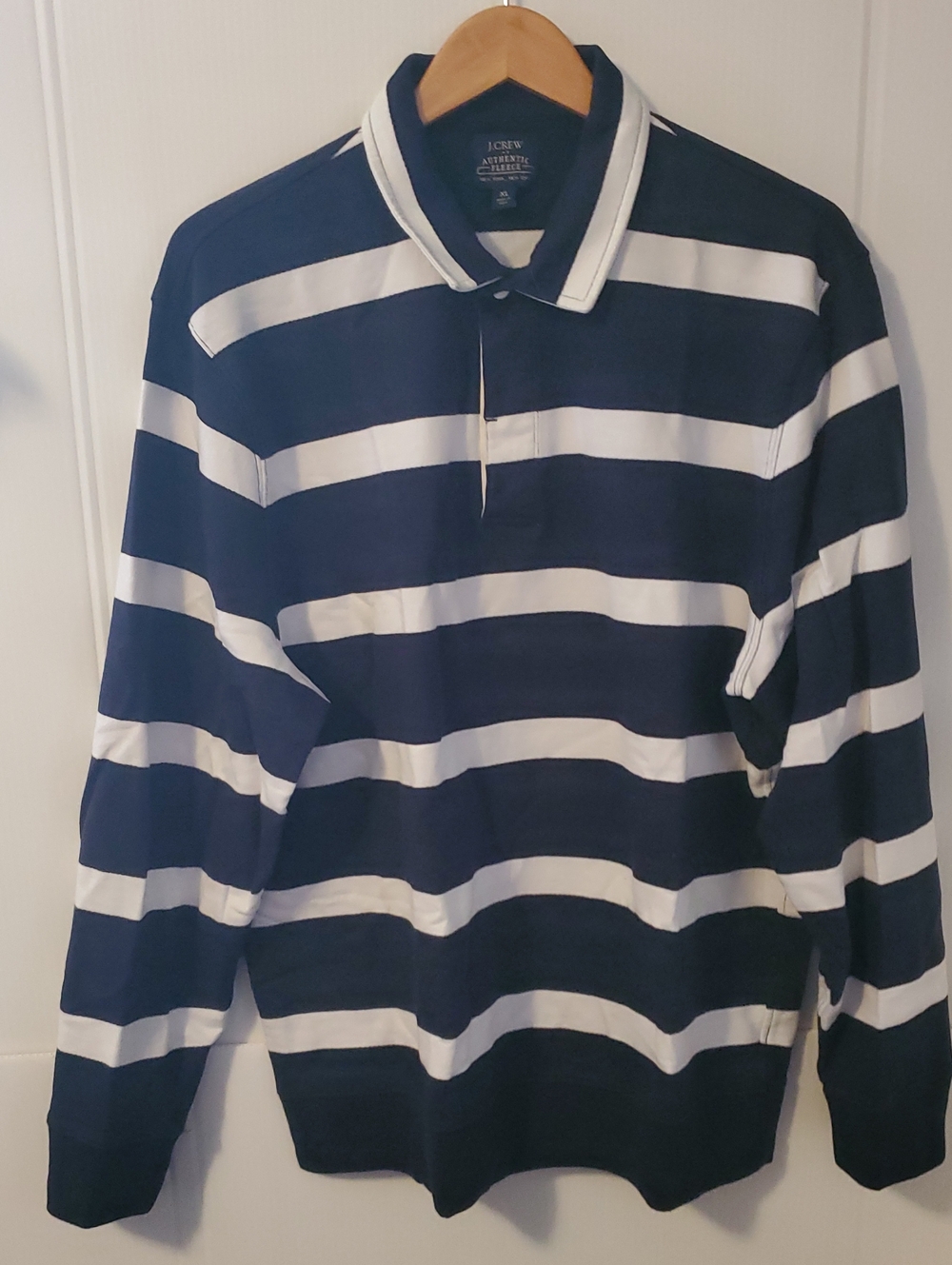 J. Crew Authentic Fleece Navy Striped Pullover Rugby Sweatshirt Men's Size XL